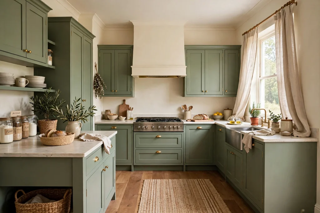 Full kitchen with sage green cabinets, cream walls, a warm wood floor, a woven rug, and linen curtains at a window.