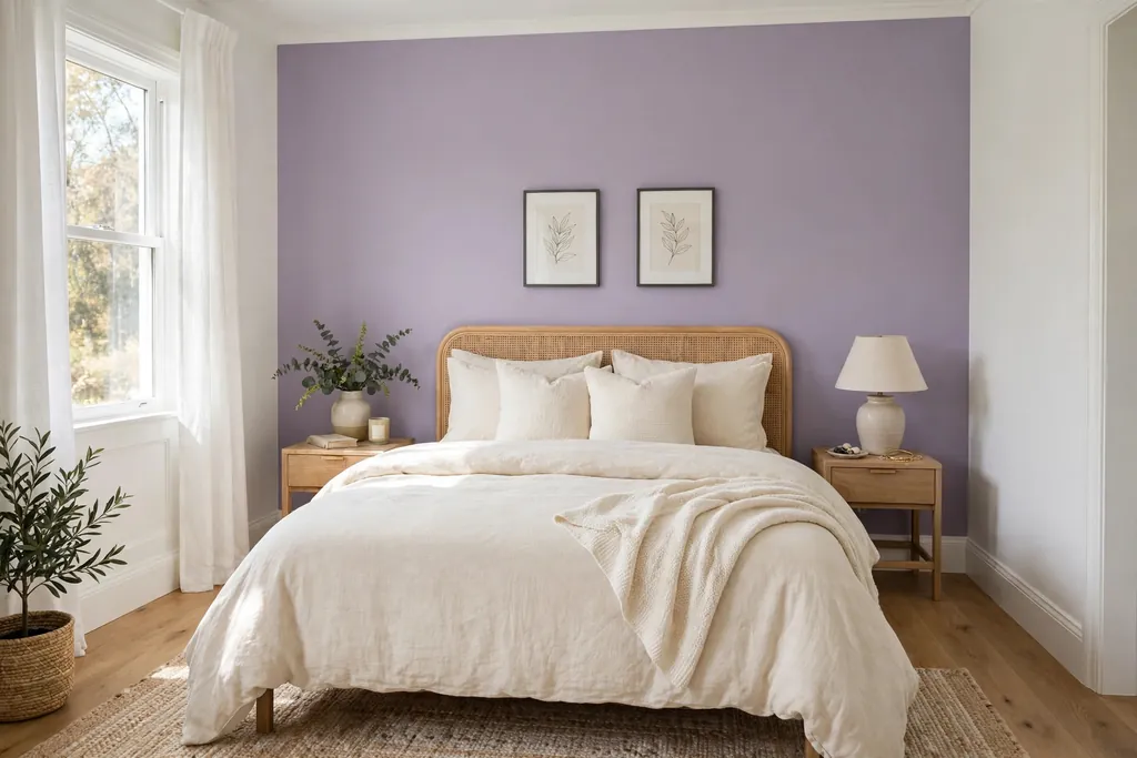 Bedroom with a lavender accent wall behind the bed.