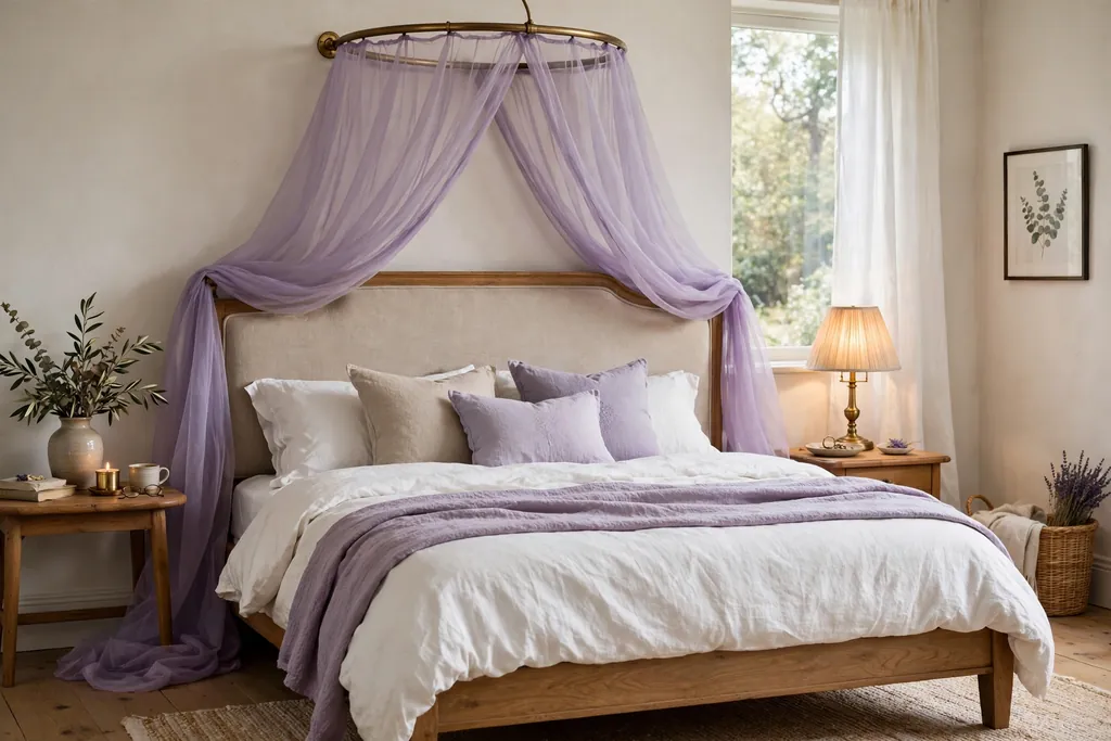 Bed with a sheer lavender canopy draped above it.
