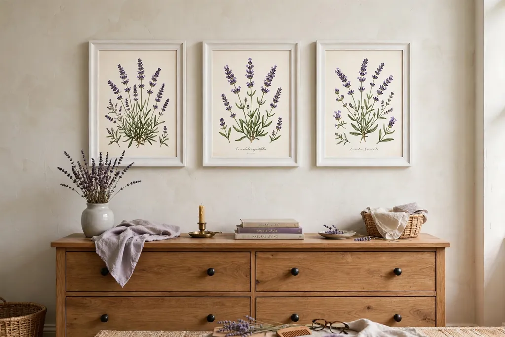 Bedroom wall with lavender botanical prints in white frames.