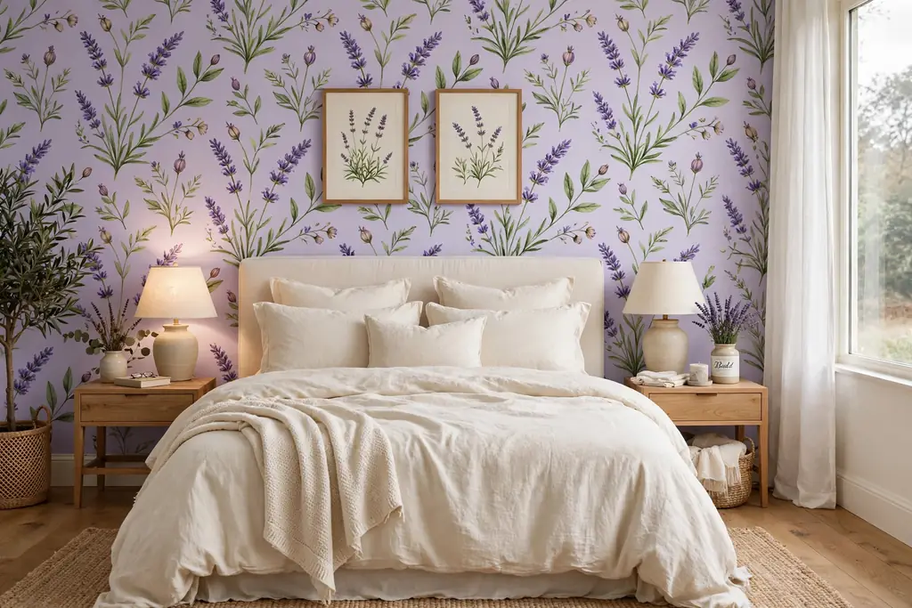 Bedroom with a lavender botanical wallpaper feature wall.