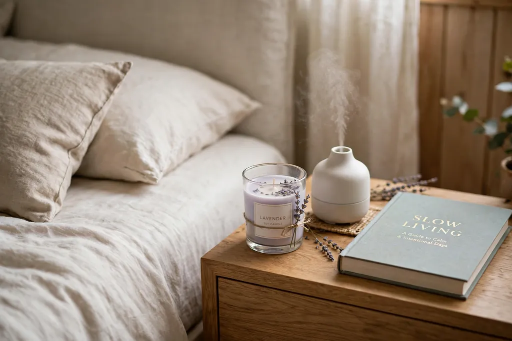 Bedside table with a lavender candle and diffuser.