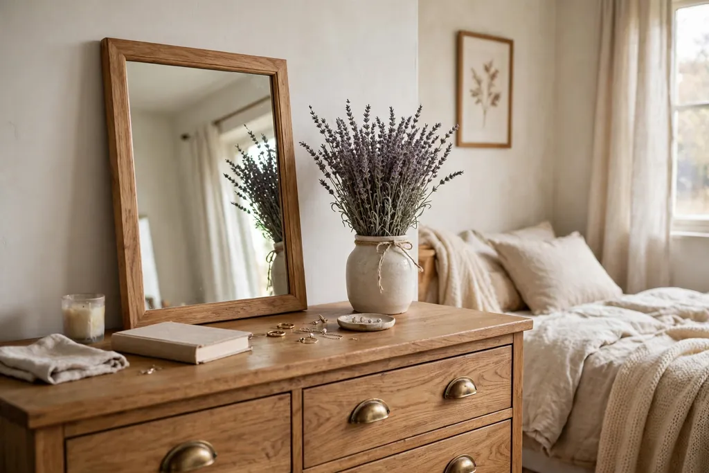 Dresser top with a vase of dried lavender bundles.