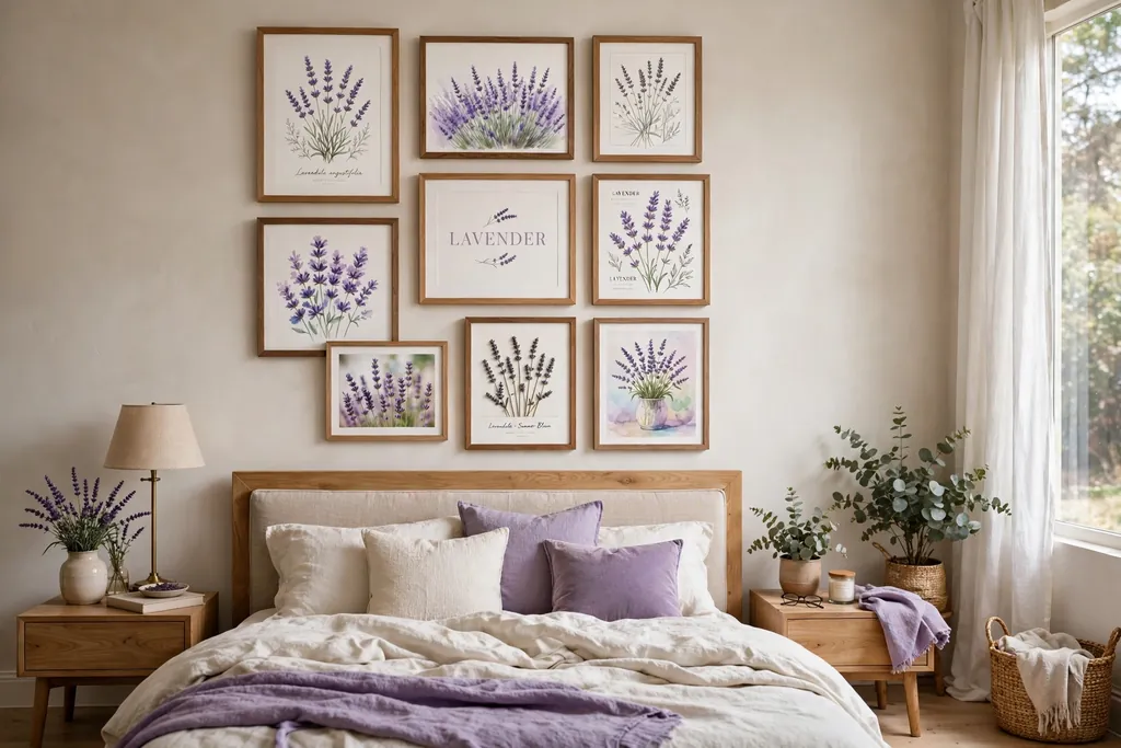 Bedroom with a gallery wall of lavender prints above a bed.