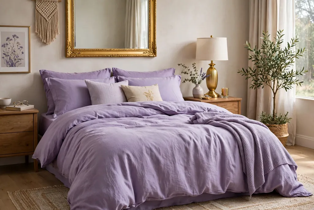 Bedroom with lavender bedding and gold accents.