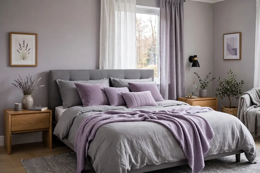 Bedroom with a lavender and grey palette.