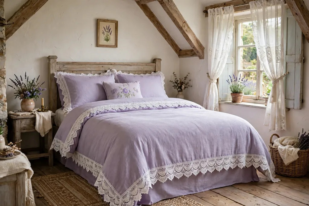 Bed with lavender bedding with white lace trim.
