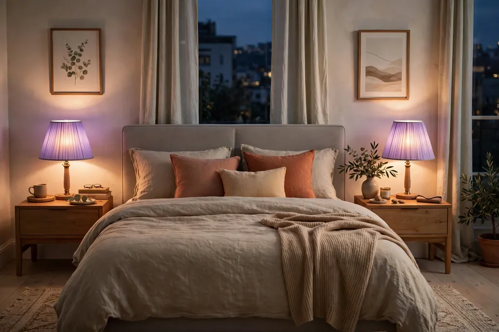 Bedroom in the evening with lavender lampshades glowing.