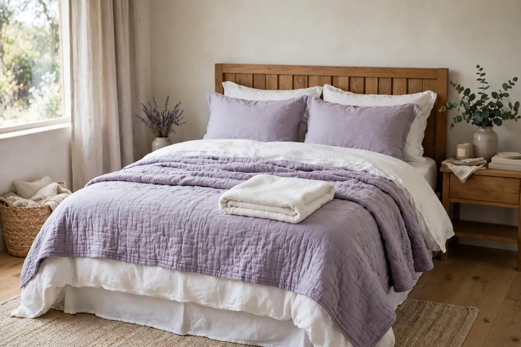 Bed with layered lavender and white bedding.