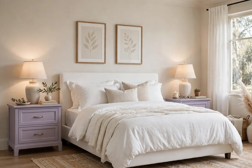 White bed flanked by lavender painted nightstands.