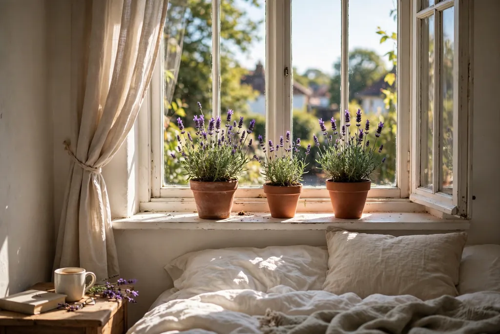 Bedroom window with potted lavender plants on the sill.