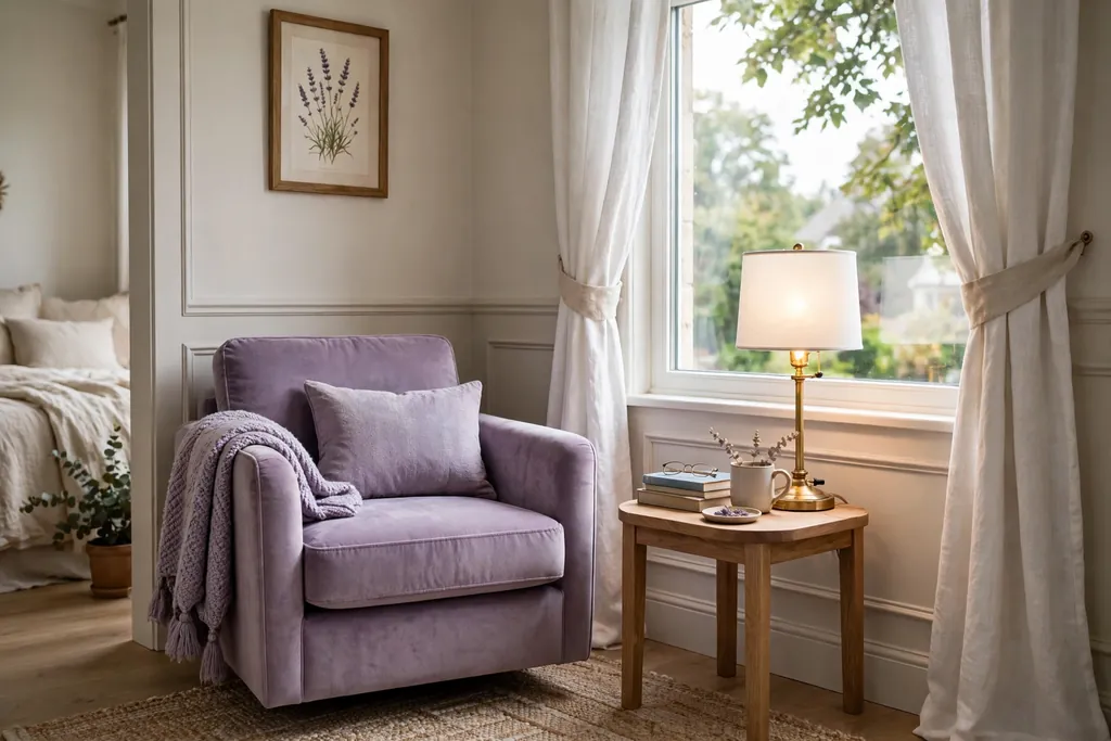 Bedroom corner with a lavender reading chair and side table.