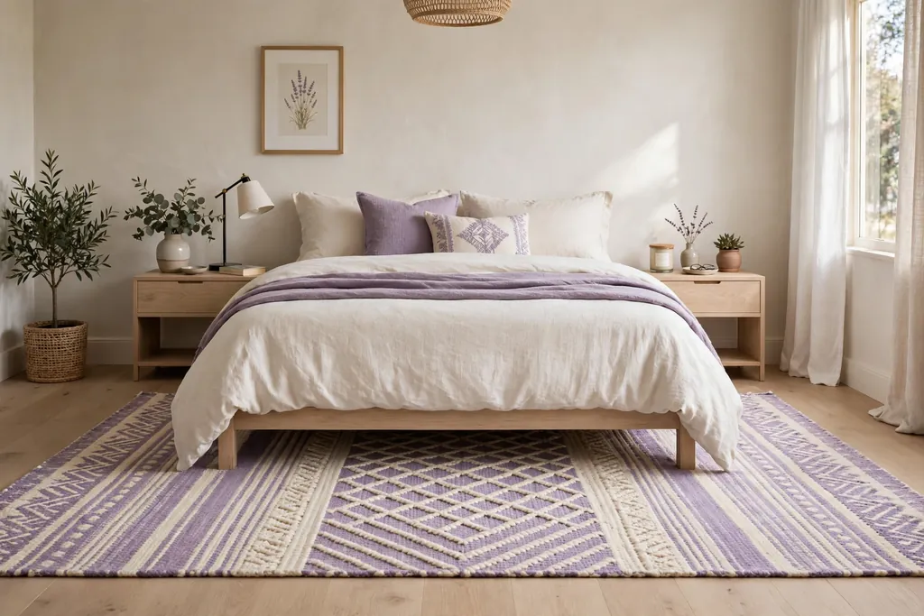 Bedroom with a lavender and cream rug on light wood floors.