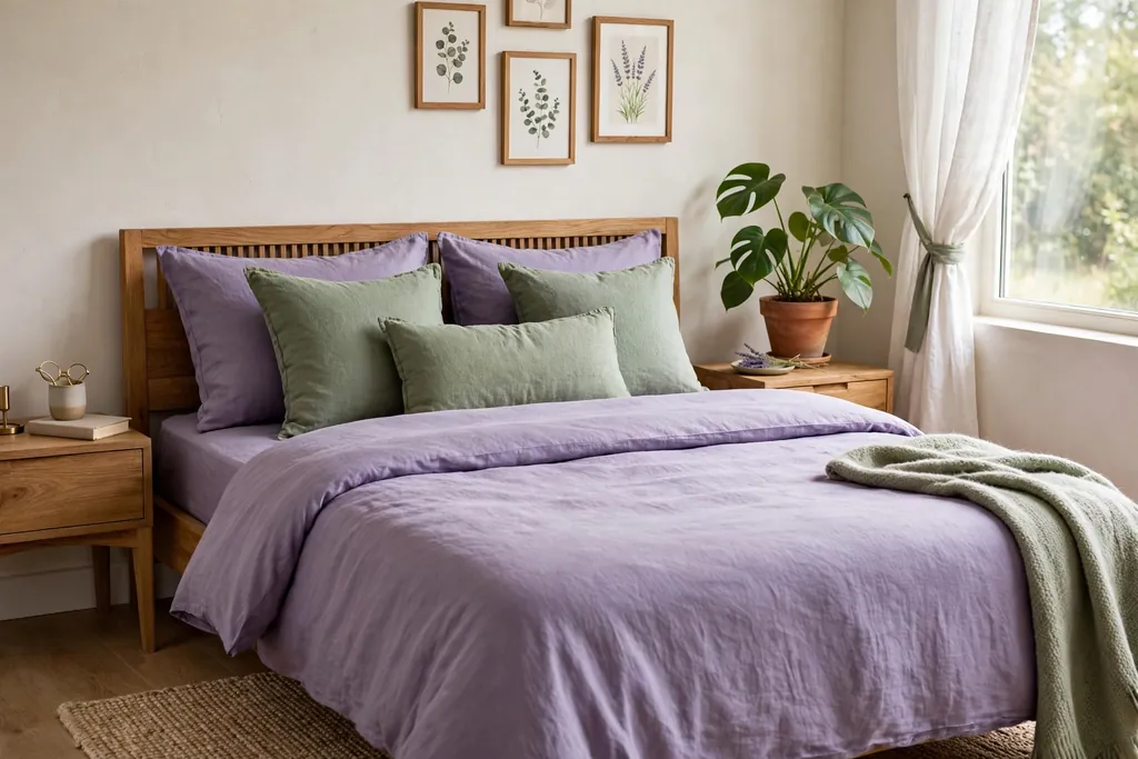 Bedroom with lavender bedding and sage green accents.