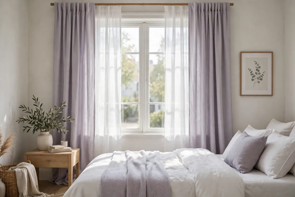 Bedroom window with pale lavender curtains and sheer panels.