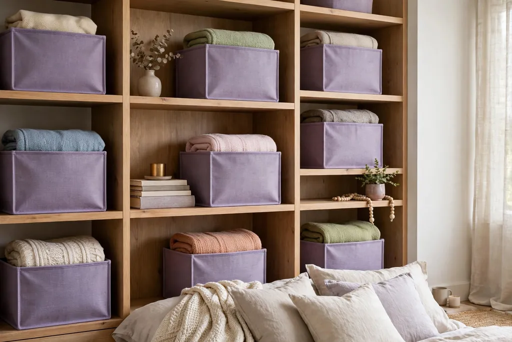 Bedroom shelves with lavender storage baskets.