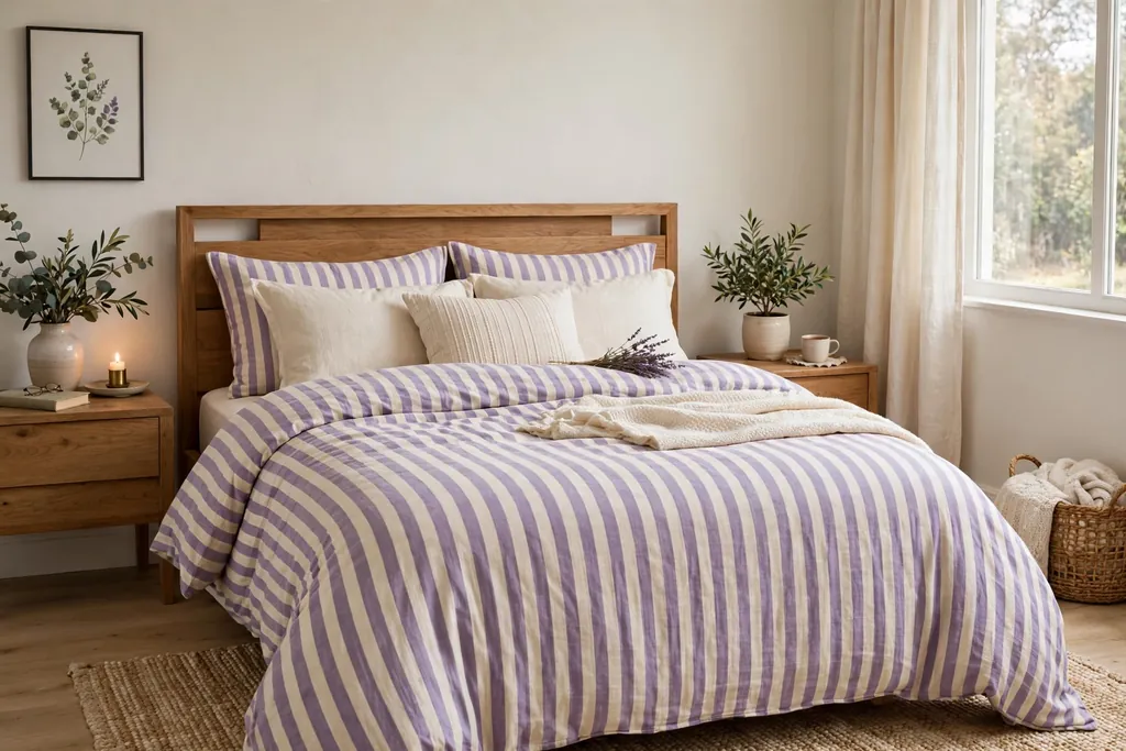 Bed with lavender and cream striped bedding.