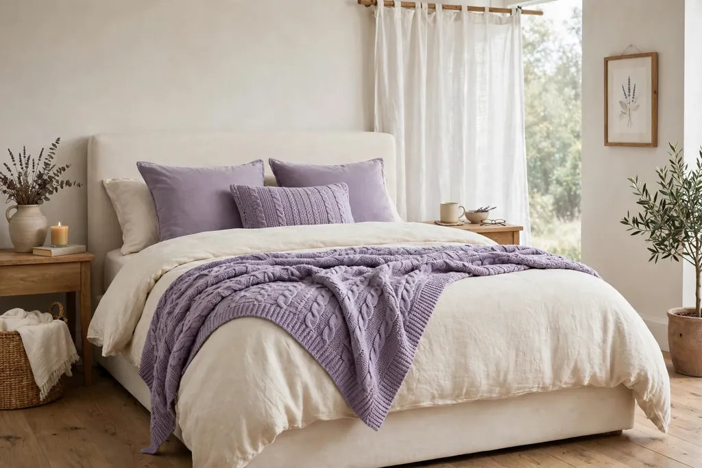 Neutral bed with a lavender throw and cushions.