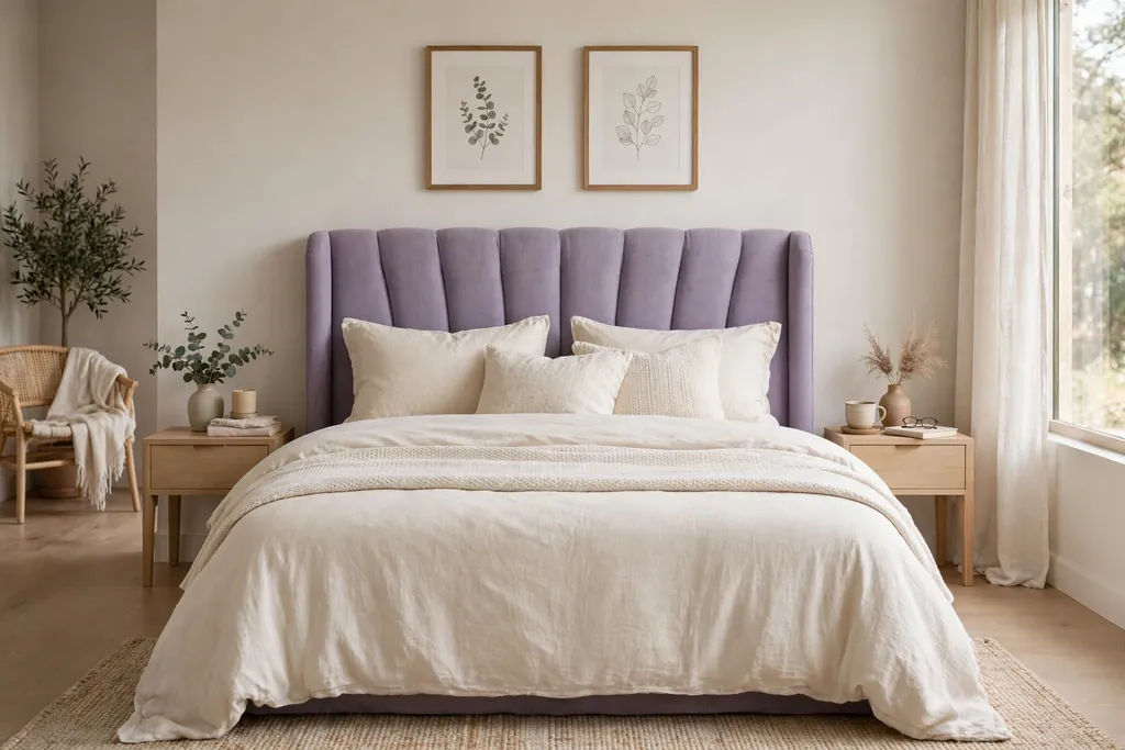 Bed with a lavender upholstered headboard.