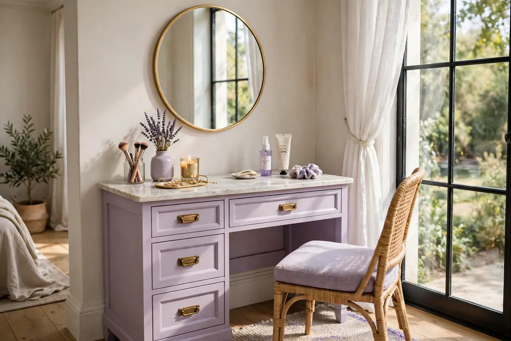 Bedroom vanity corner with a lavender dressing table.