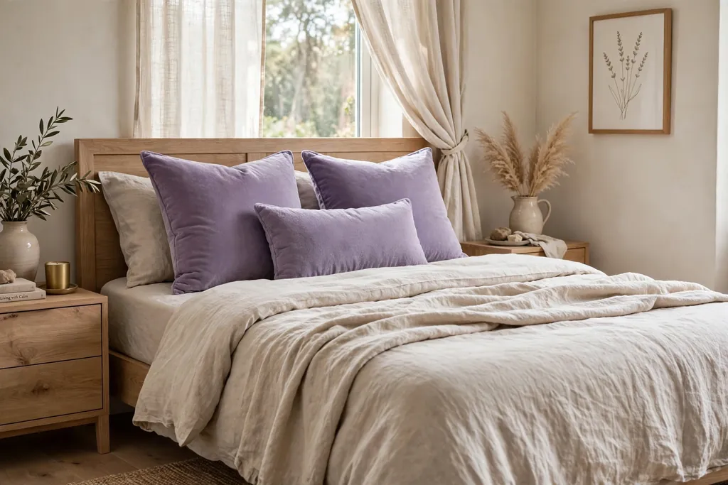 Bed with lavender velvet cushions on linen bedding.