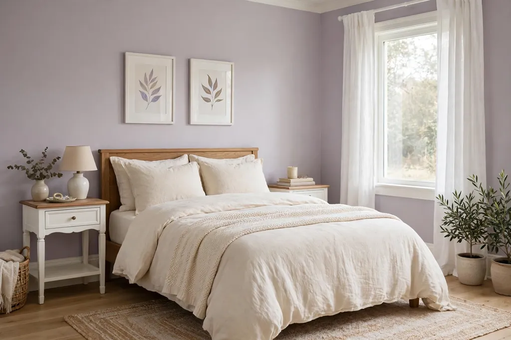 Bedroom with soft lavender walls and white trim.