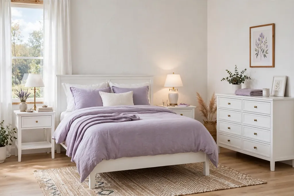 Bedroom with white furniture and lavender bedding accents.