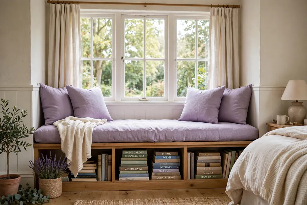 Bedroom window seat with lavender cushions.