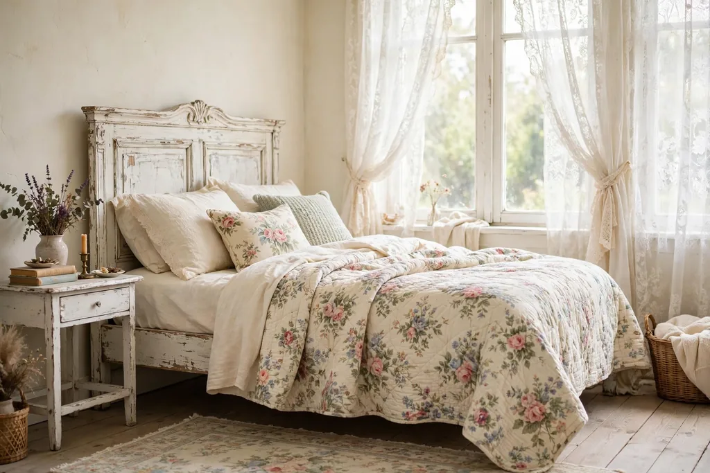 A shabby chic bedroom with a distressed white wooden bed frame, a floral quilt, and lace curtains