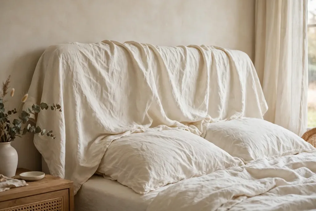 A bedroom headboard covered in loose washed cream linen