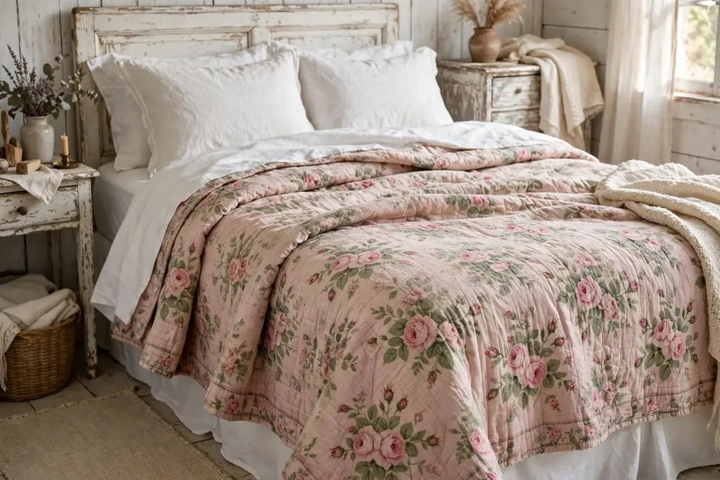 A bed with a vintage floral quilt layered over white sheets
