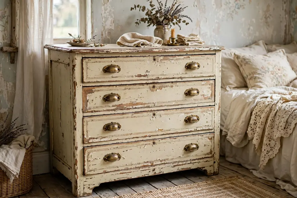 An antique dresser with chipped cream paint and old handles in a bedroom
