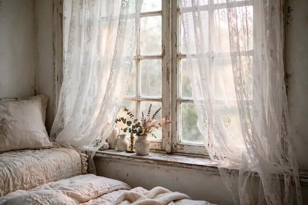 A bedroom window with sheer lace curtains softening daylight