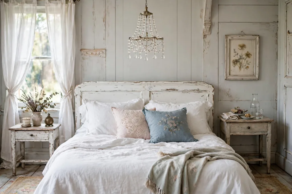 A bedroom with a small beaded chandelier hanging above the bed