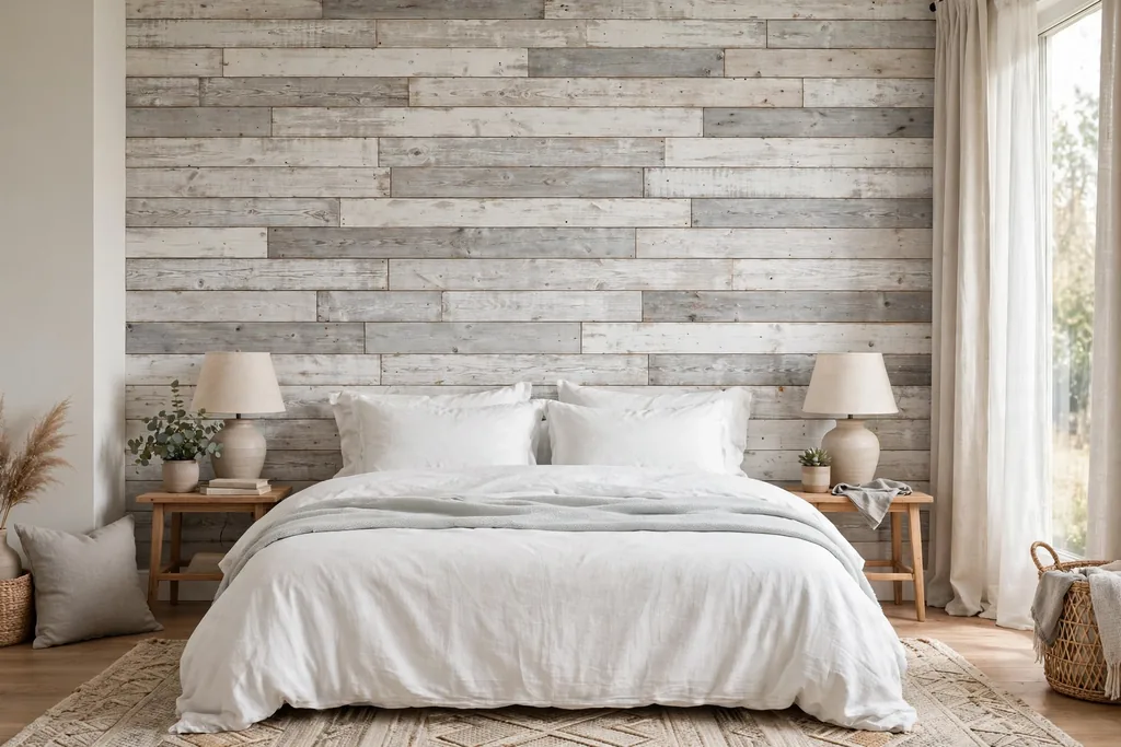 A bedroom with a reclaimed wood plank accent wall behind the bed
