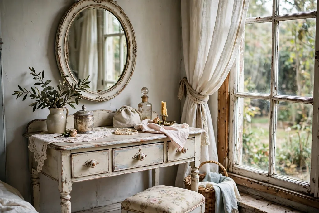 A vintage vanity table with an oval mirror beside a bedroom window