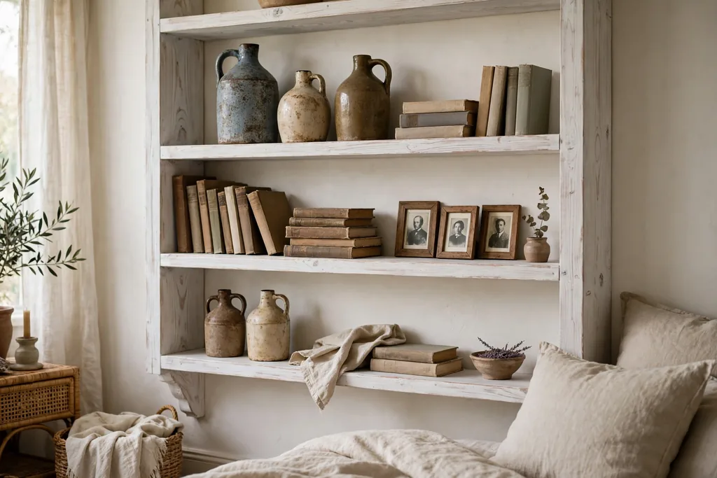 Whitewashed open shelves in a bedroom holding vintage jugs, books, and frames