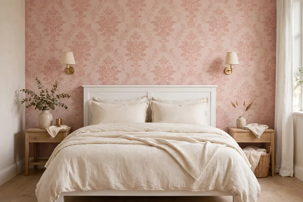 A bedroom feature wall in faded rose wallpaper behind a white bed