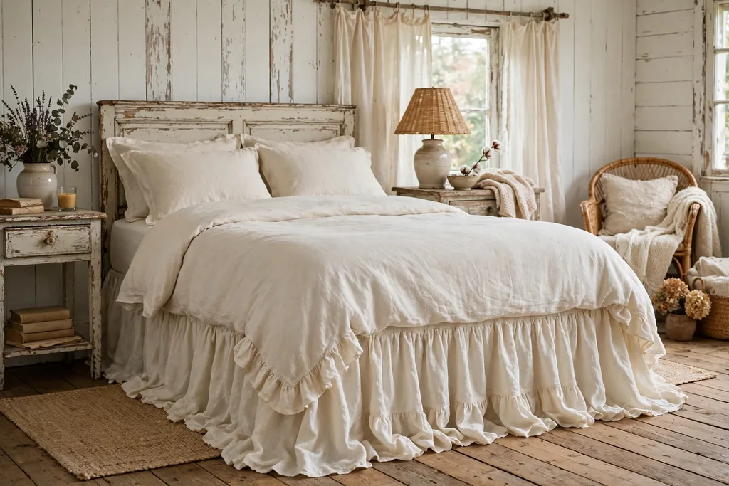 A bed with a ruffled cream linen bed skirt reaching the floor