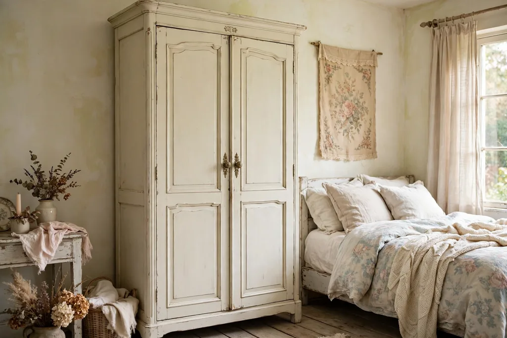 A tall armoire painted in soft cream milk paint in a bedroom