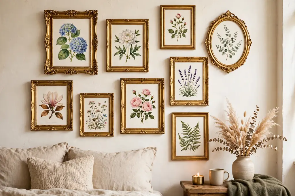 A bedroom wall with botanical prints in mismatched gilt frames