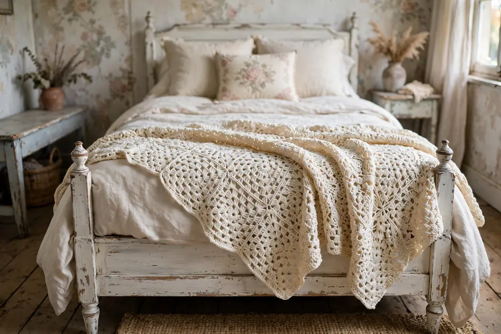 A hand crochet throw in cream draped across the foot of a bed