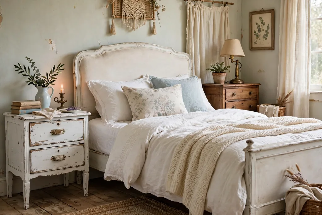 A bed with two different vintage nightstands, one painted and one wooden