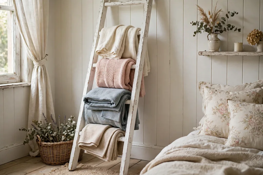 A white wooden ladder leaning against a bedroom wall holding folded throws