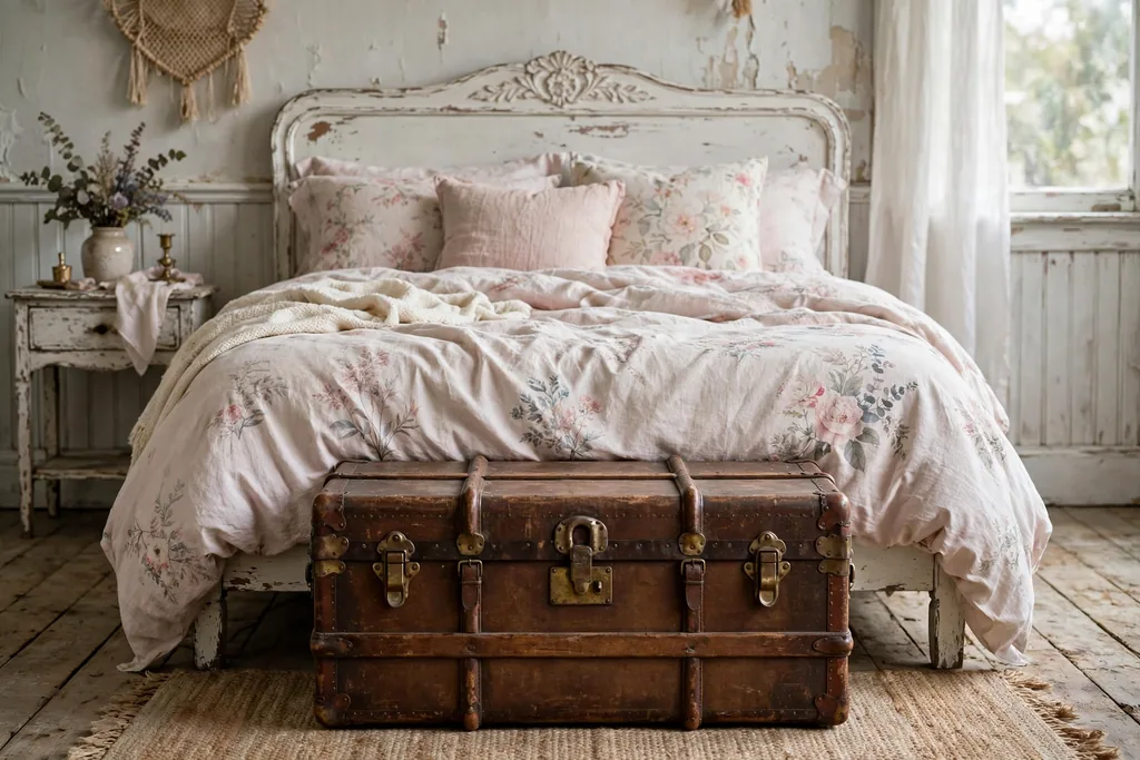 A vintage trunk at the foot of a bed in a shabby chic bedroom