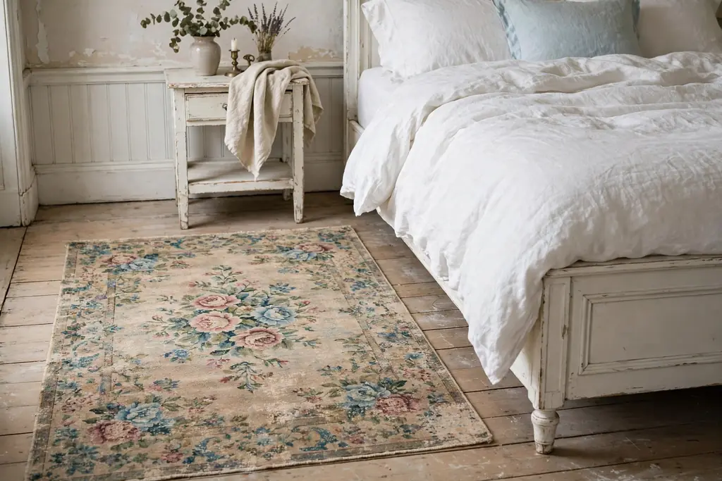A bedroom floor with a faded vintage style floral rug beside a white bed