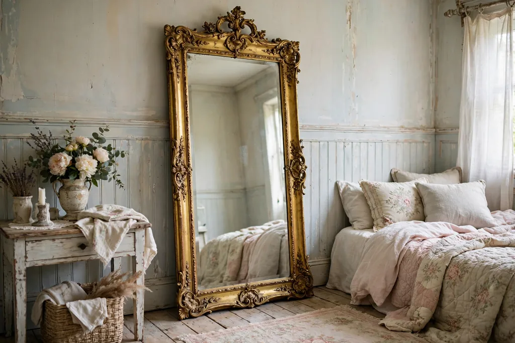 An ornate gilt full length mirror leaning against a bedroom wall