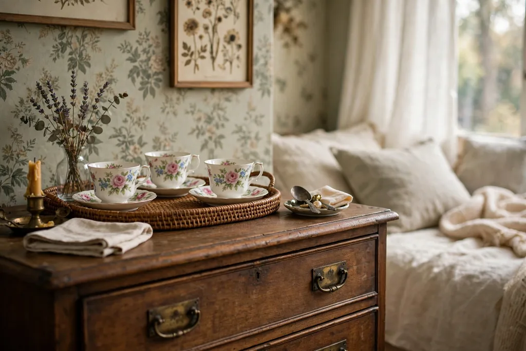 A dresser top in a bedroom displaying floral porcelain teacups on a tray