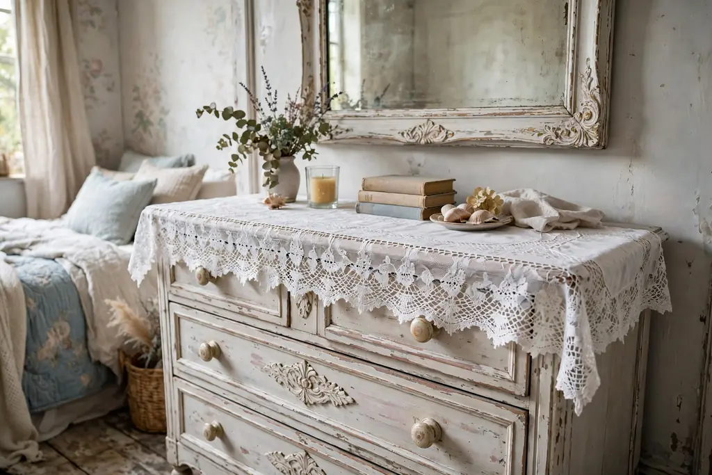 A lace runner across a vintage dresser under a mirror in a bedroom