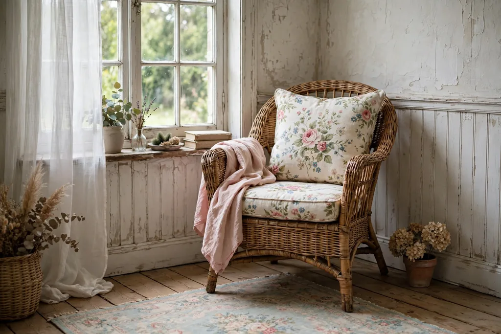 A wicker reading chair with a floral cushion in a bedroom corner by a window